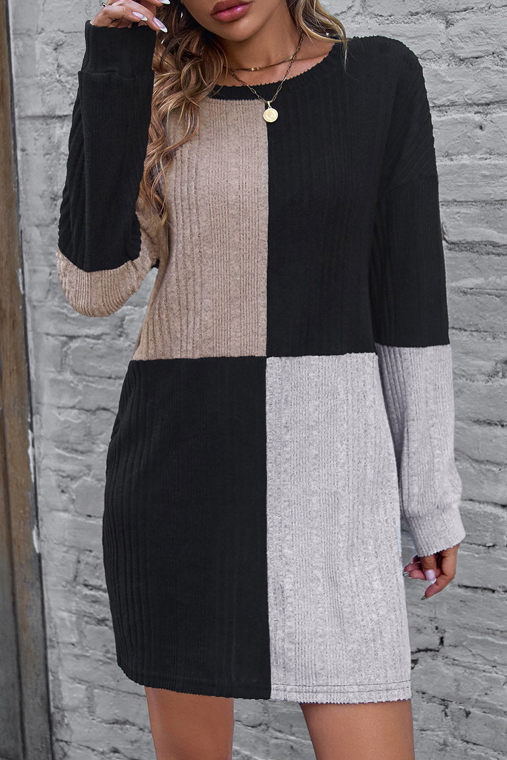 Color Block Drop Shoulder Long Sleeve Mini Dress - Charming Charlie