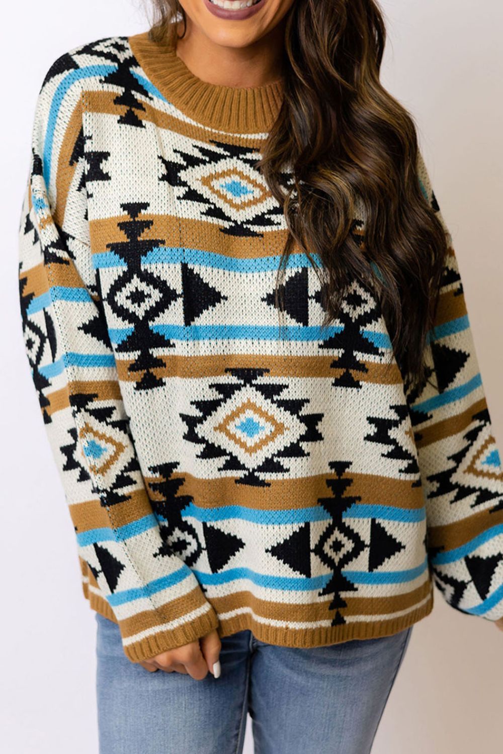 Geometric Round Neck Long Sleeve Sweater - Charming Charlie