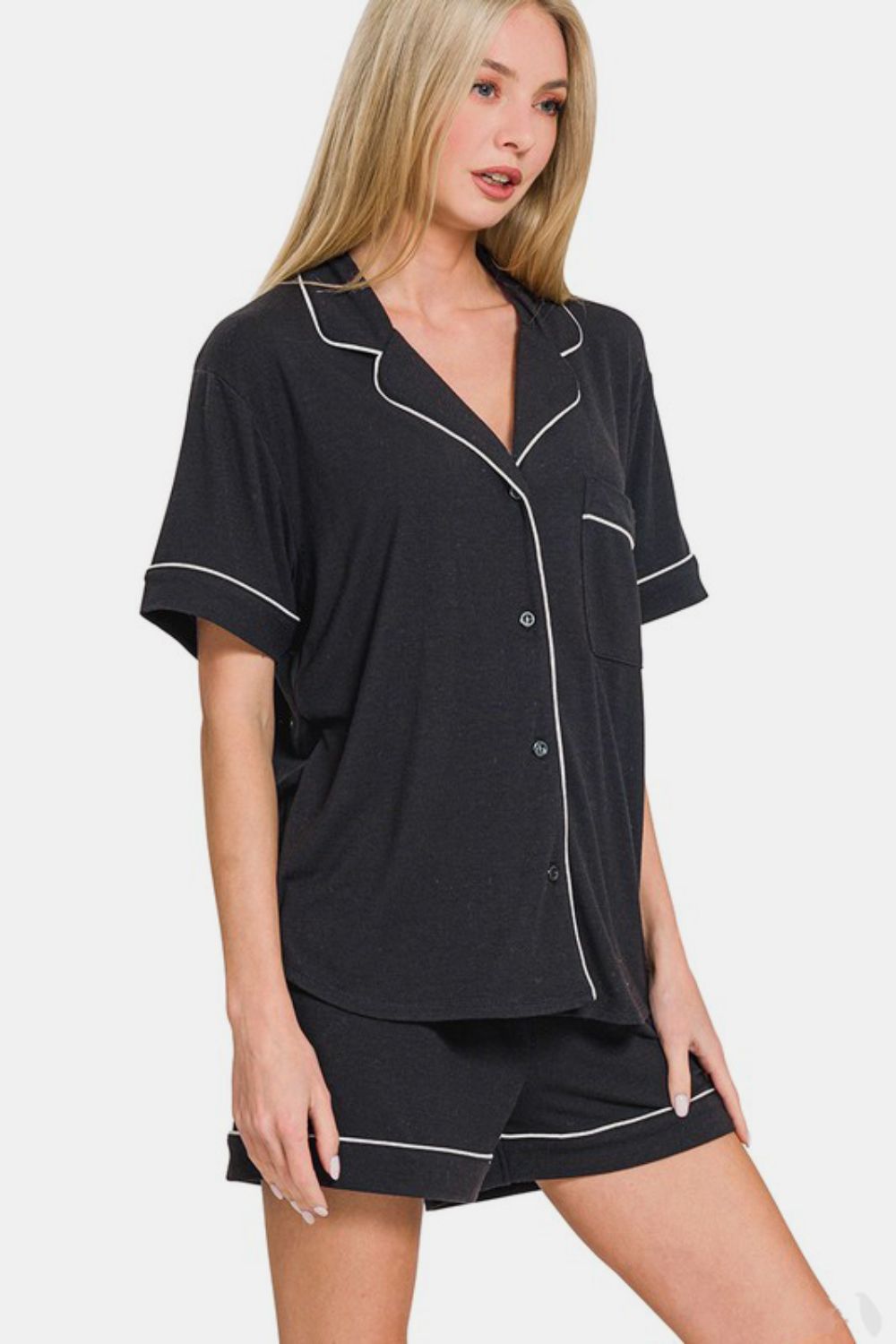 Zenana Button Down Short Sleeve Top and Shorts Lounge Set - Charming Charlie