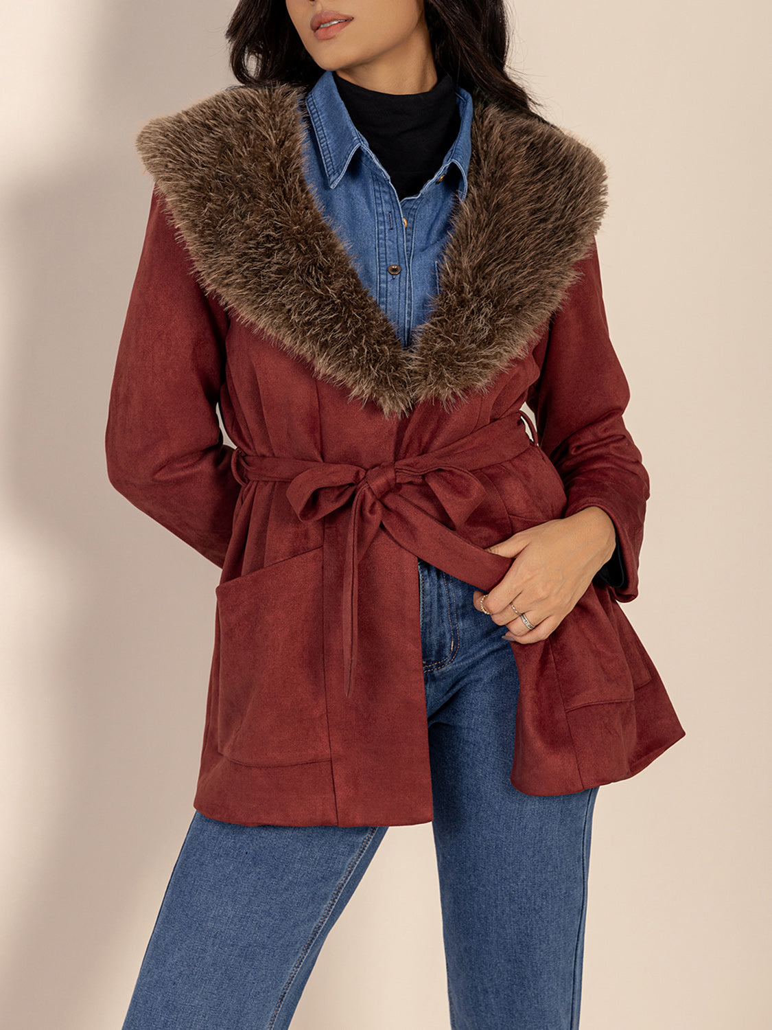 Fuzzy Collared Neck Tie Waist Jacket - Charming Charlie