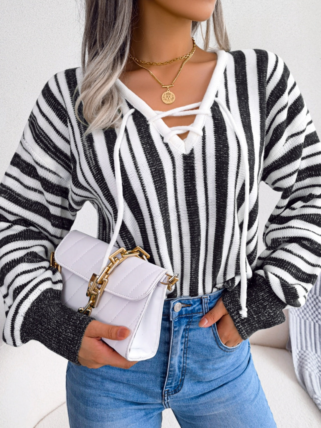Striped Lace-Up Long Sleeve Sweater - Charming Charlie