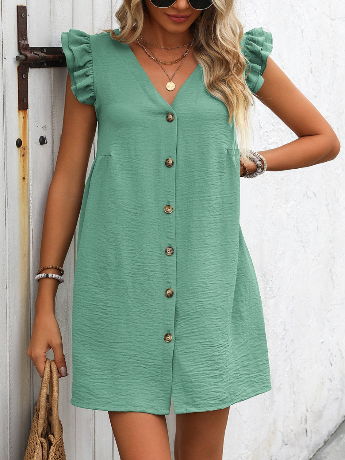 Button Up V-Neck Cap Sleeve Mini Dress - Charming Charlie