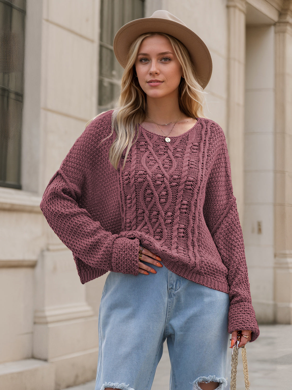 Round Neck Dropped Shoulder Long Sleeve Sweater - Charming Charlie