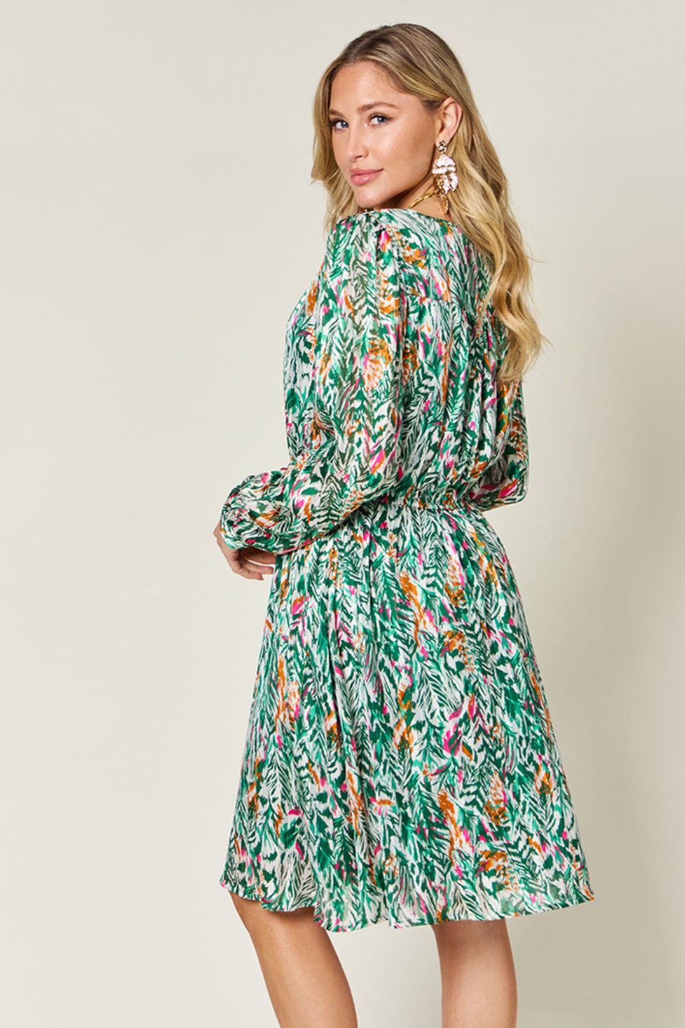 Double Take Full Size Printed Drawstring Waist Long Sleeve Dress - Charming Charlie
