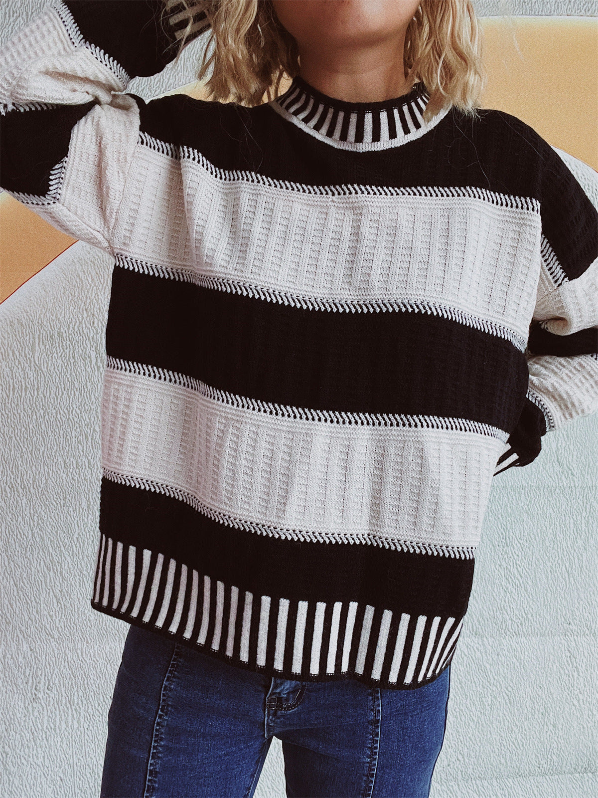 Contrast Round Neck Long Sleeve Sweater - Charming Charlie