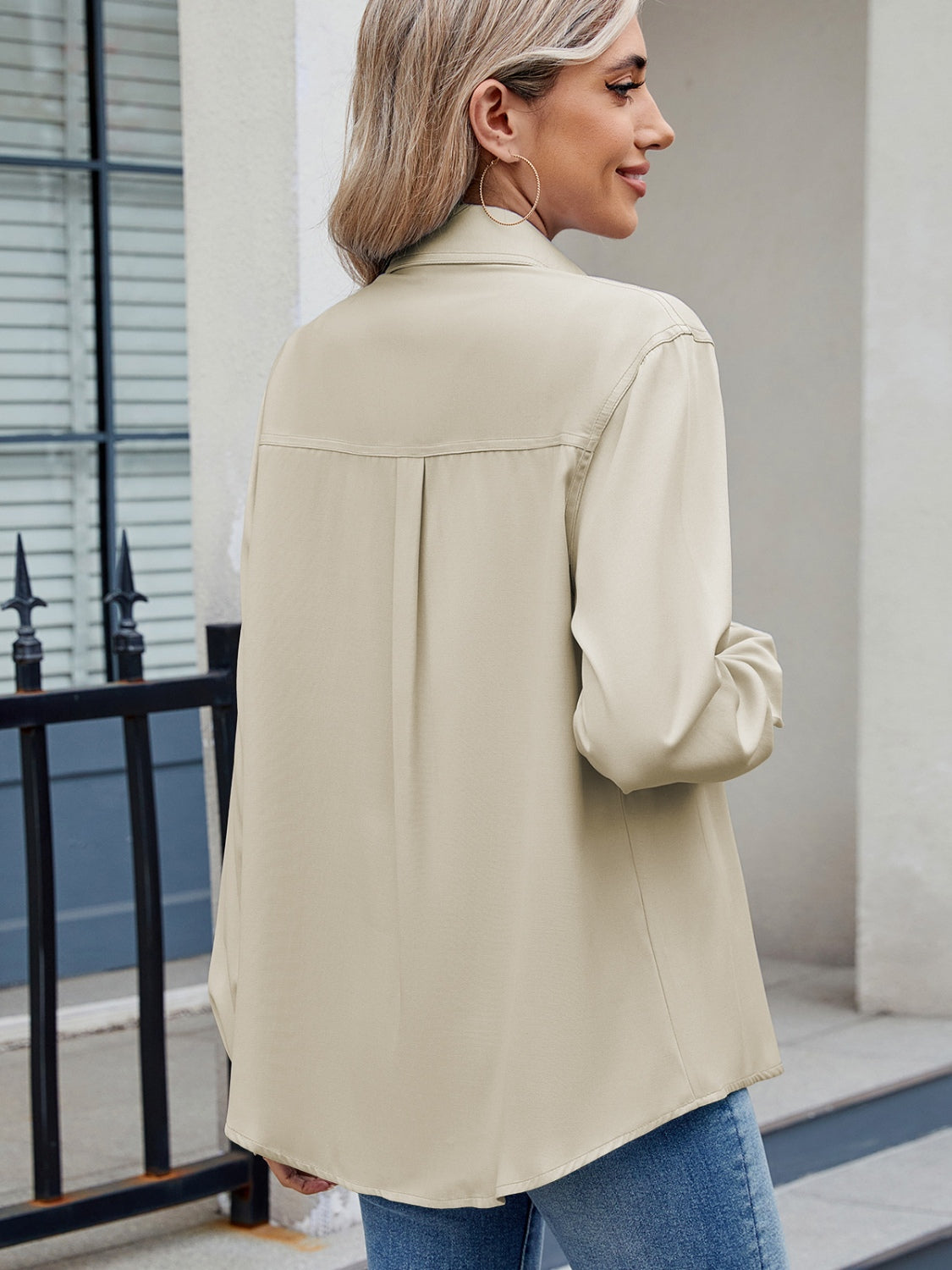 Solid Color Collared Neck Long Sleeve Shirt - Charming Charlie