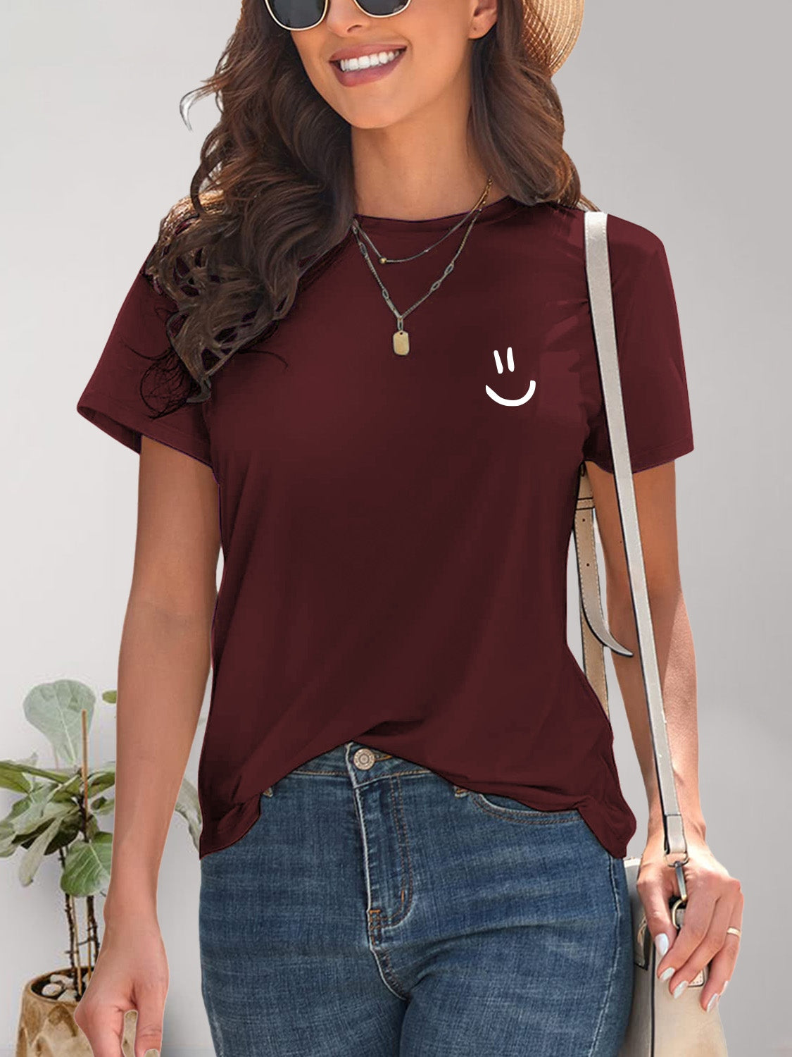 Smile Graphic Round Neck Short Sleeve T-Shirt - Charming Charlie