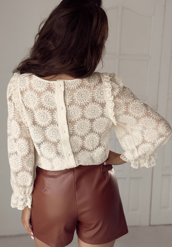 Flower Jacquard Flounce Sleeve Blouse - Charming Charlie
