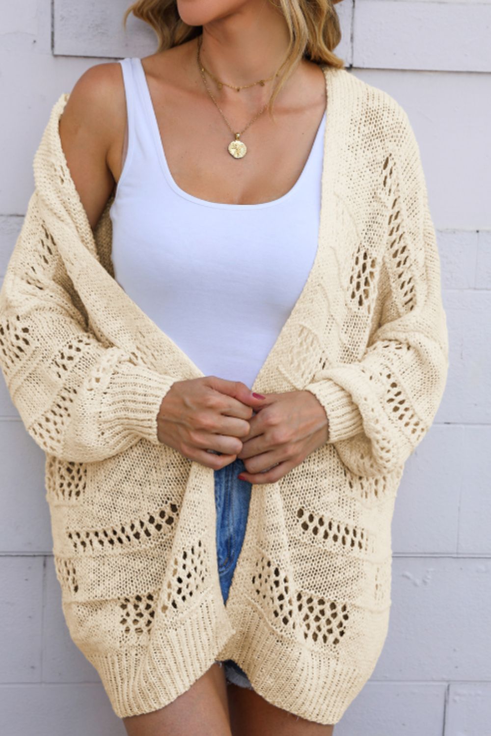 Openwork Open Front Long Sleeve Cardigan - Charming Charlie