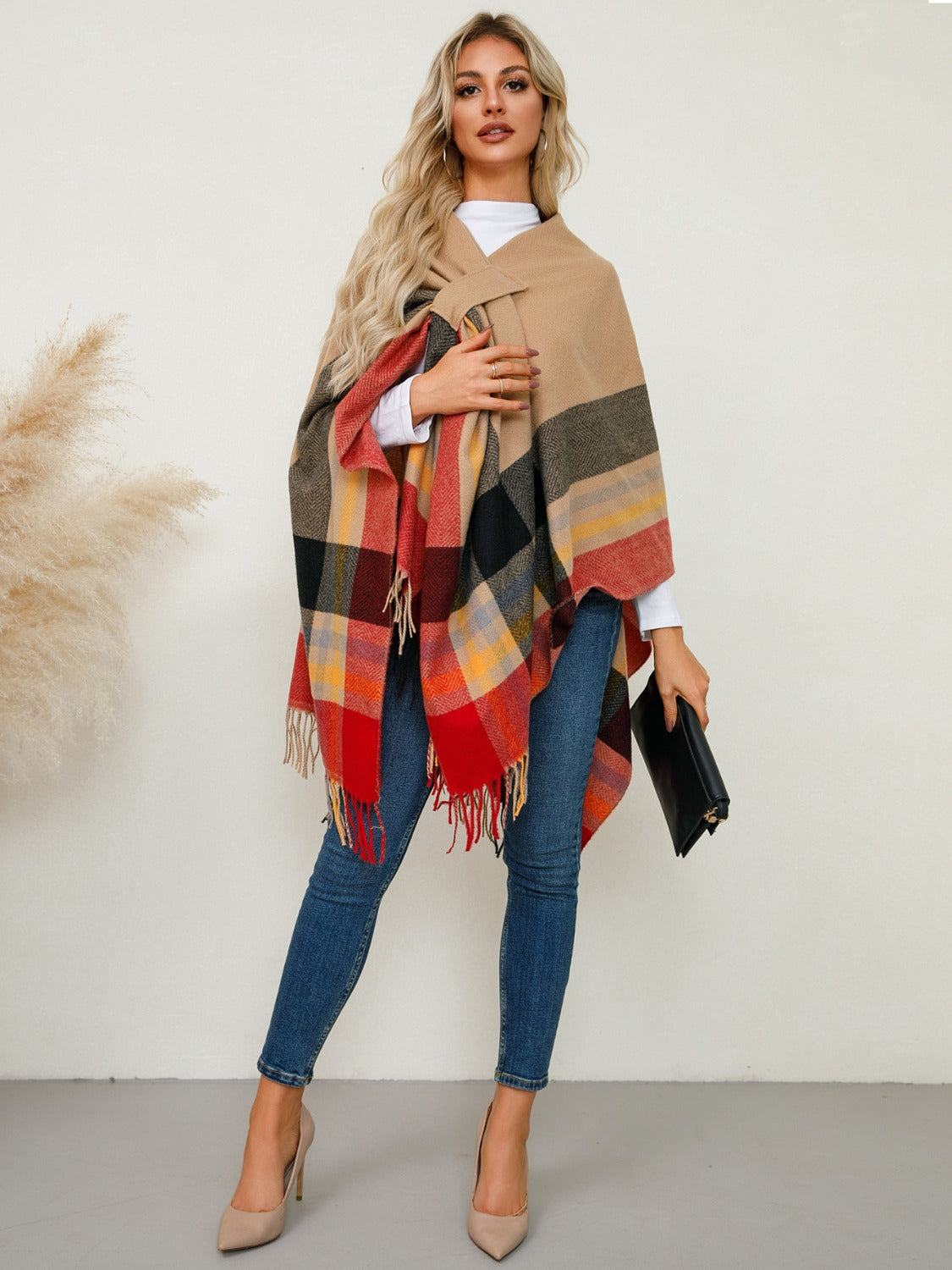 Fringe Contrast Plaid Poncho - Charming Charlie