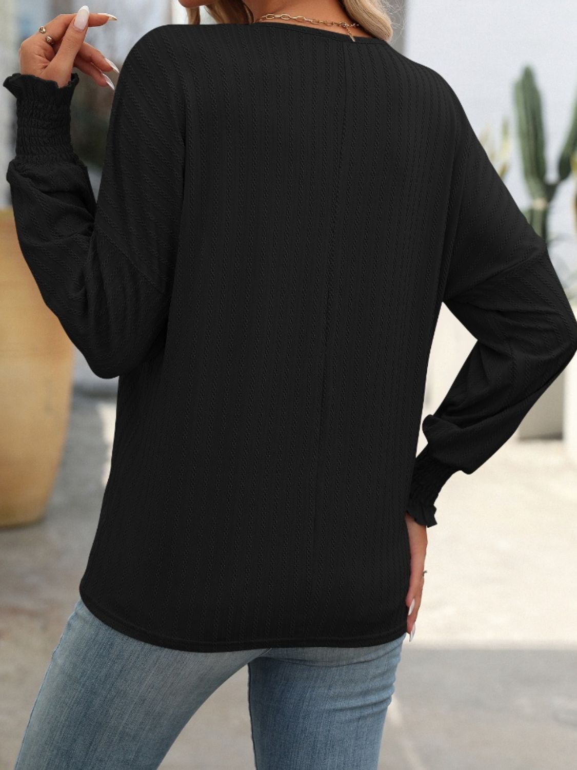 Textured Notched Lantern Sleeve T-Shirt - Charming Charlie