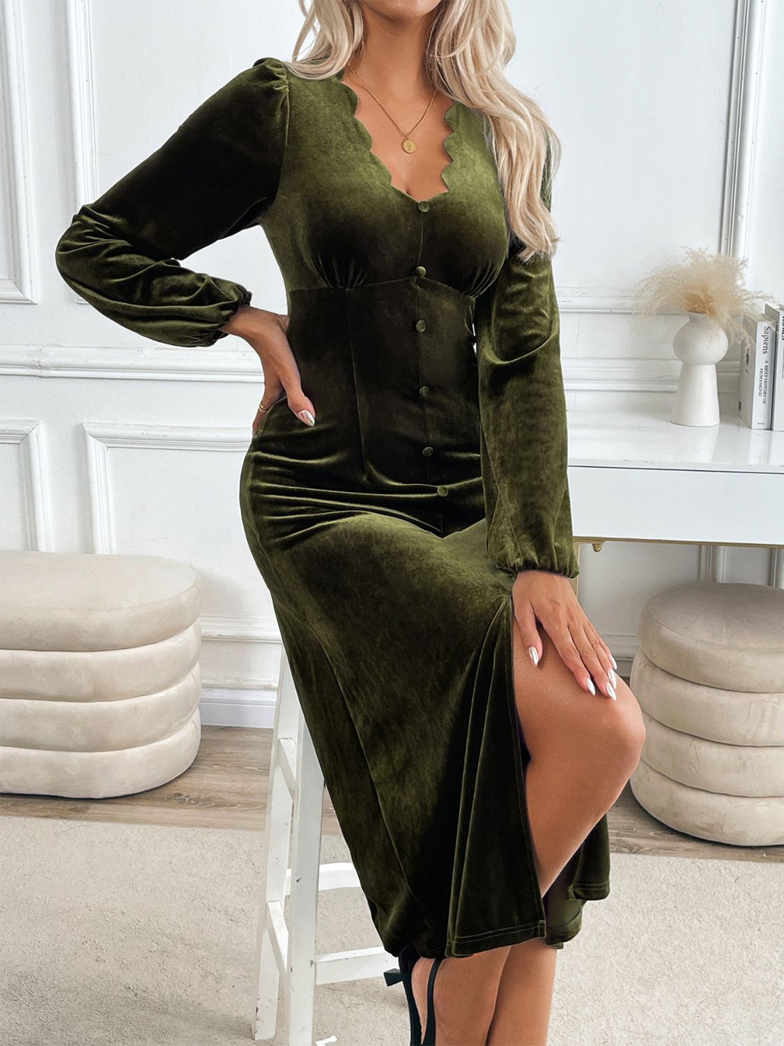 Perfee Slit V-Neck Long Sleeve Midi Dress - Charming Charlie