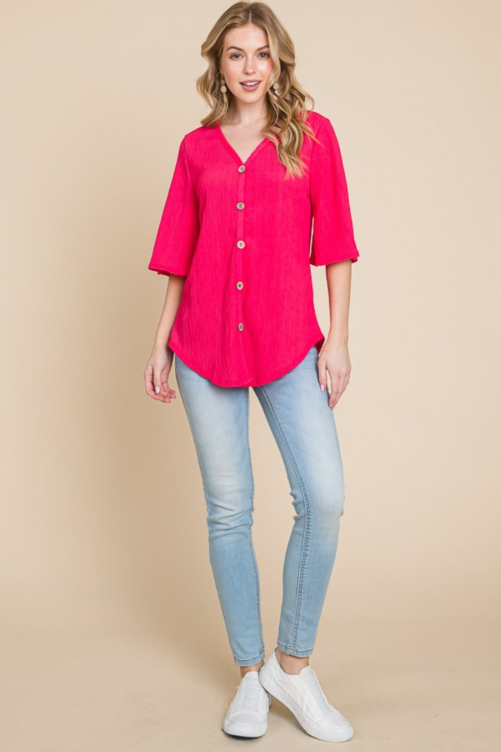 BOMBOM Texture Decorative Button V-Neck Top - Charming Charlie