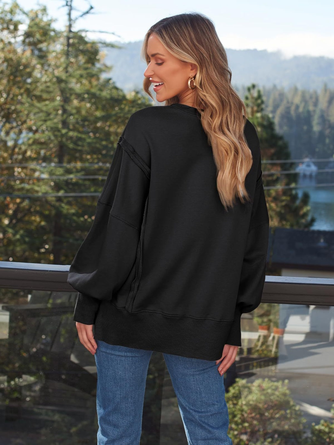 Slit Round Neck Long Sleeve Sweatshirt - Charming Charlie