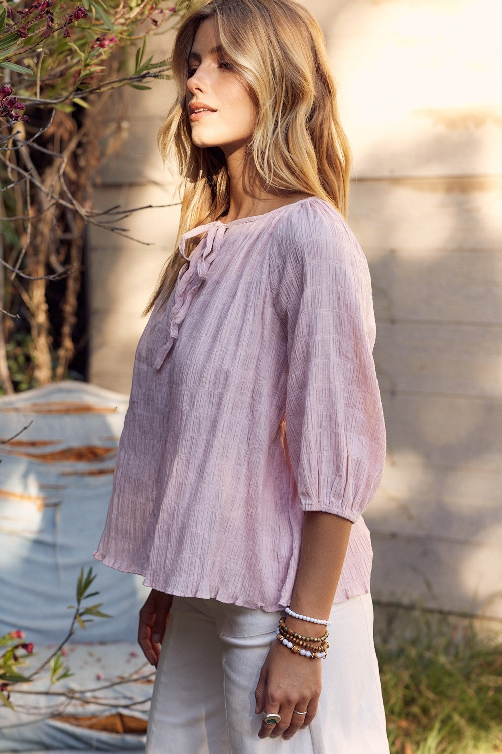 In February Textured Tie Neck Blouse - Charming Charlie