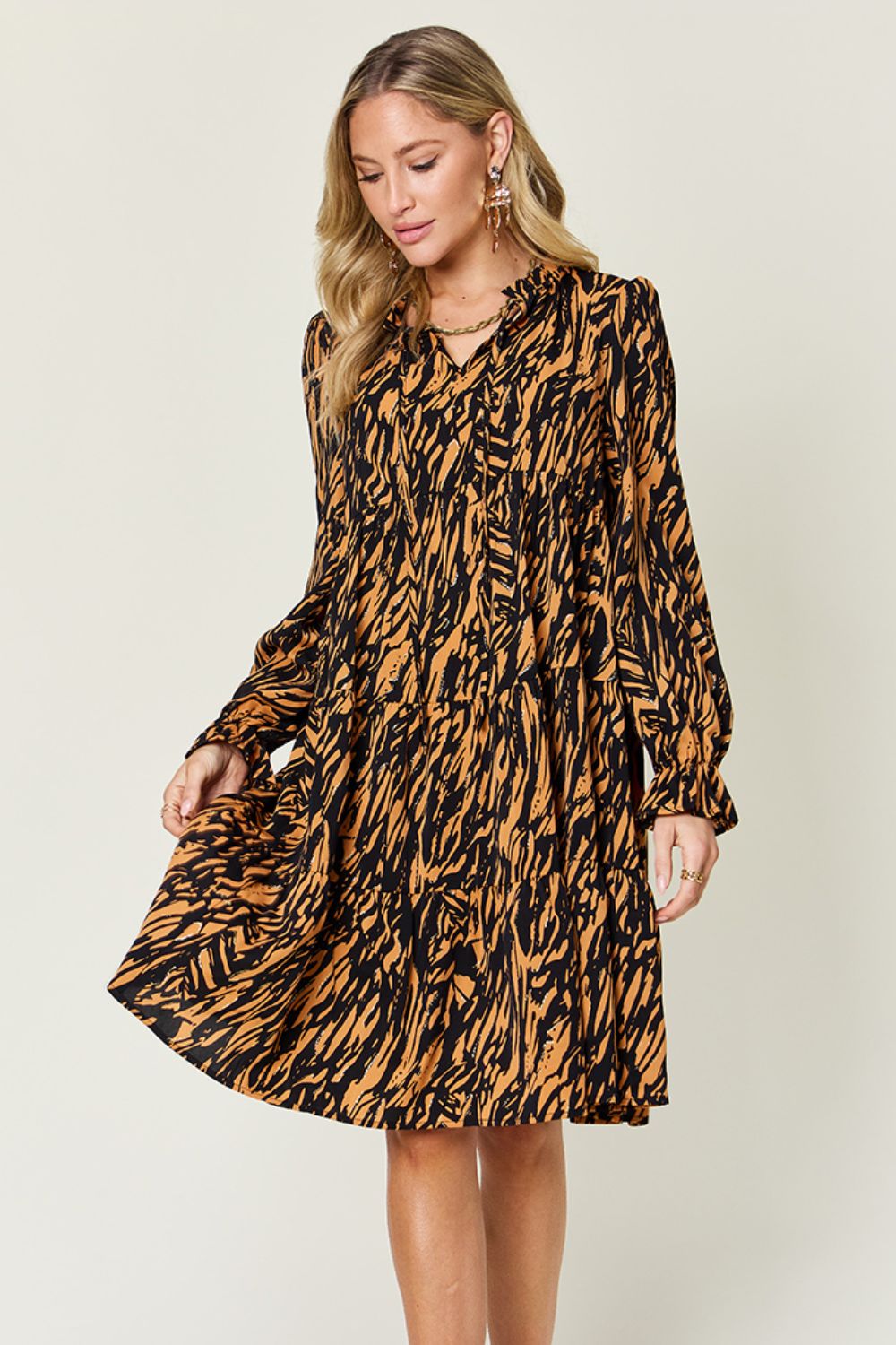 Double Take Full Size Printed Ruffle Hem Long Sleeve Dress - Charming Charlie