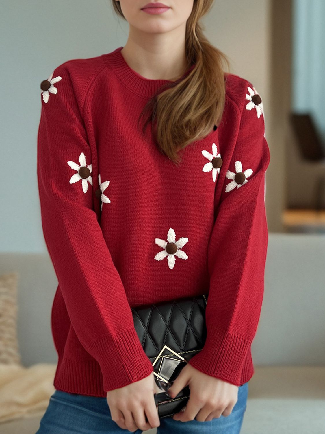 Flower Round Neck Raglan Sleeve Sweater - Charming Charlie