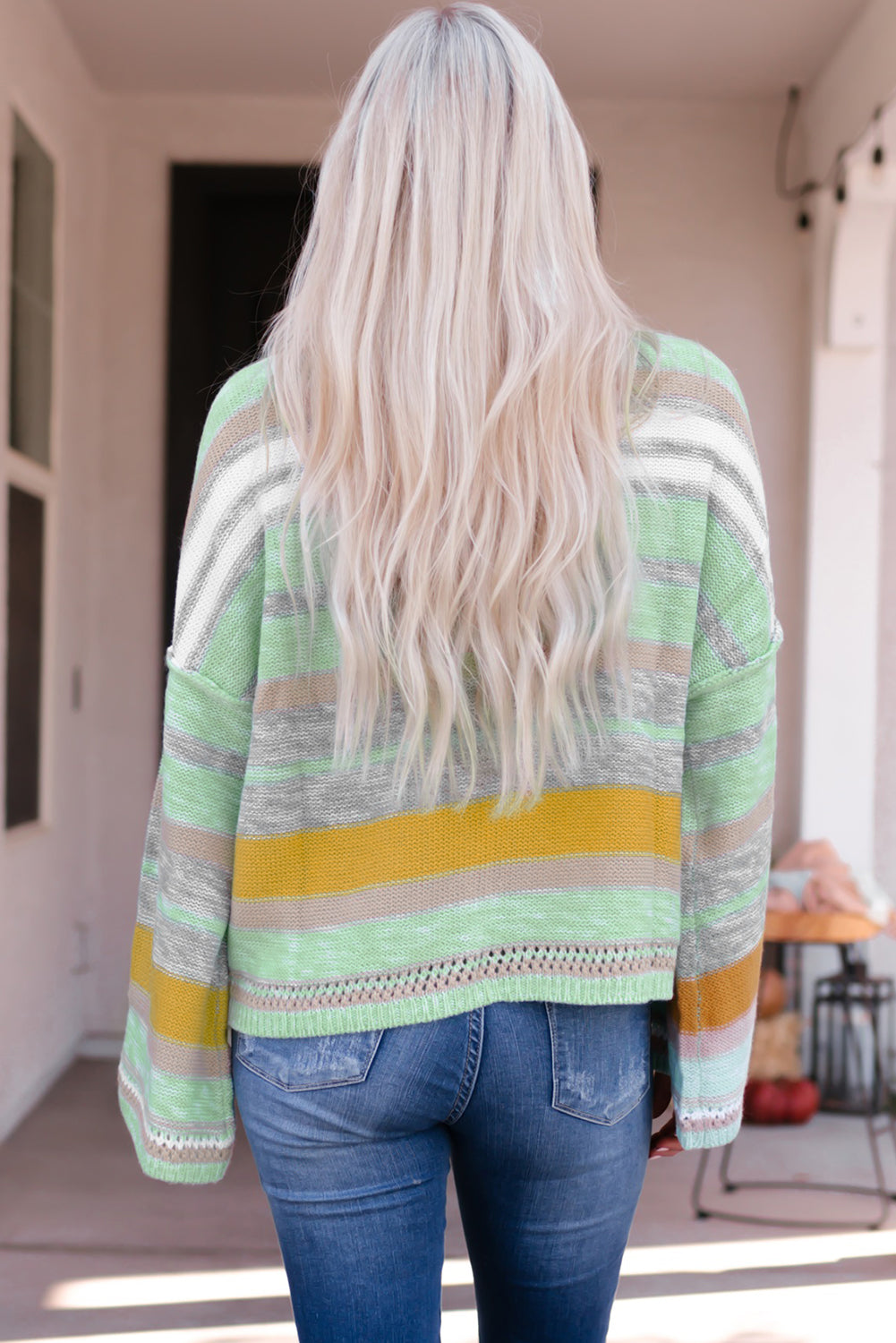 Contrast Striped Boat Neck Dropped Shoulder Sweater - Charming Charlie