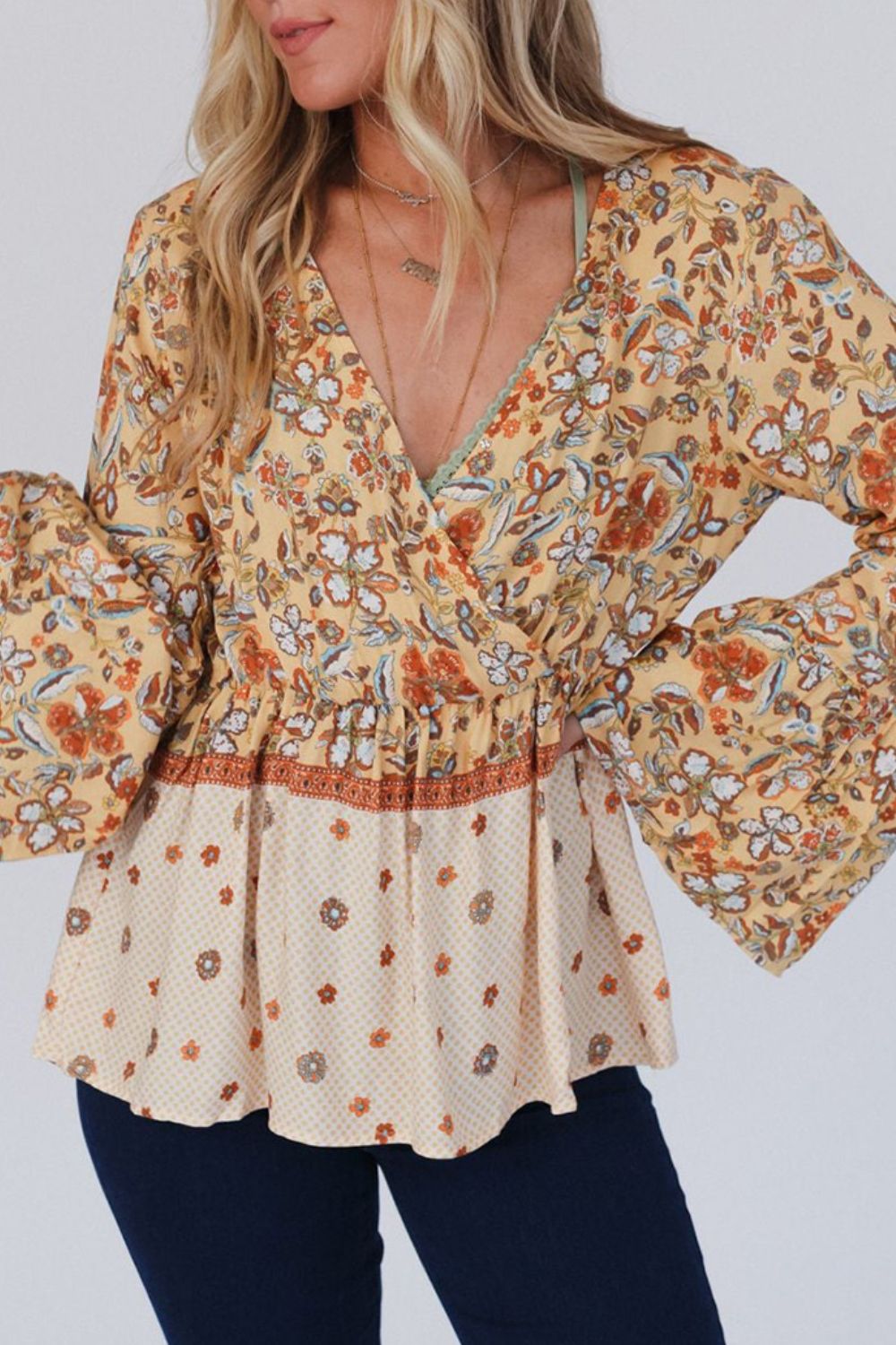 Peplum Printed Surplice Flare Sleeve Blouse - Charming Charlie