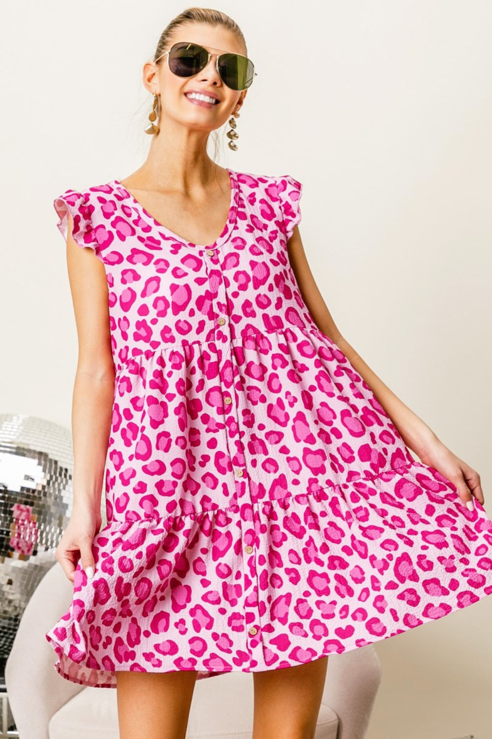BiBi Leopard Cap Sleeve Tiered Mini Dress - Charming Charlie