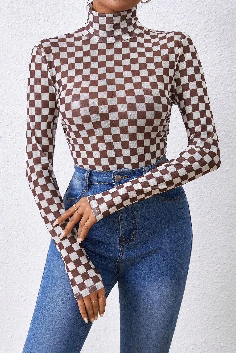 Checkered Turtleneck Long Sleeve Bodysuit - Charming Charlie