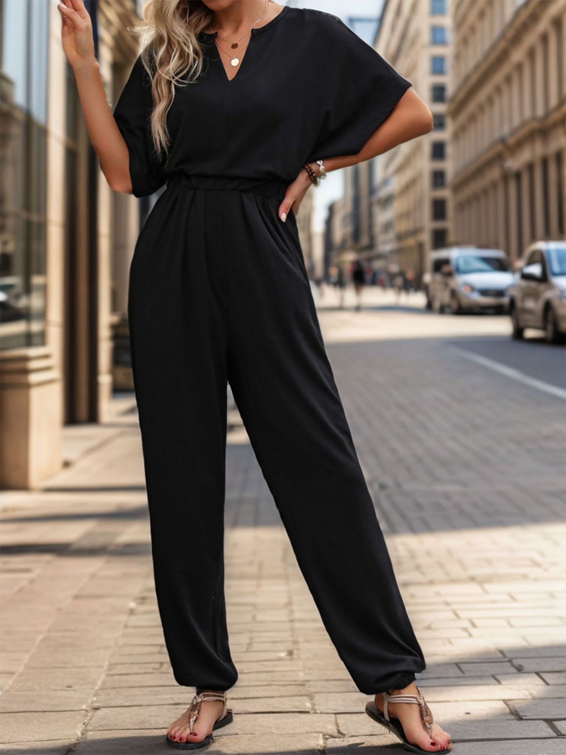 Notched Half Sleeve Straight Jumpsuit - Charming Charlie