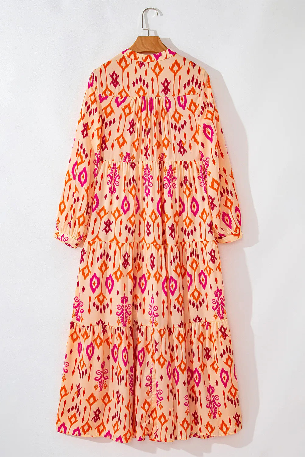 Tiered Printed Notched Long Sleeve Midi Dress - Charming Charlie