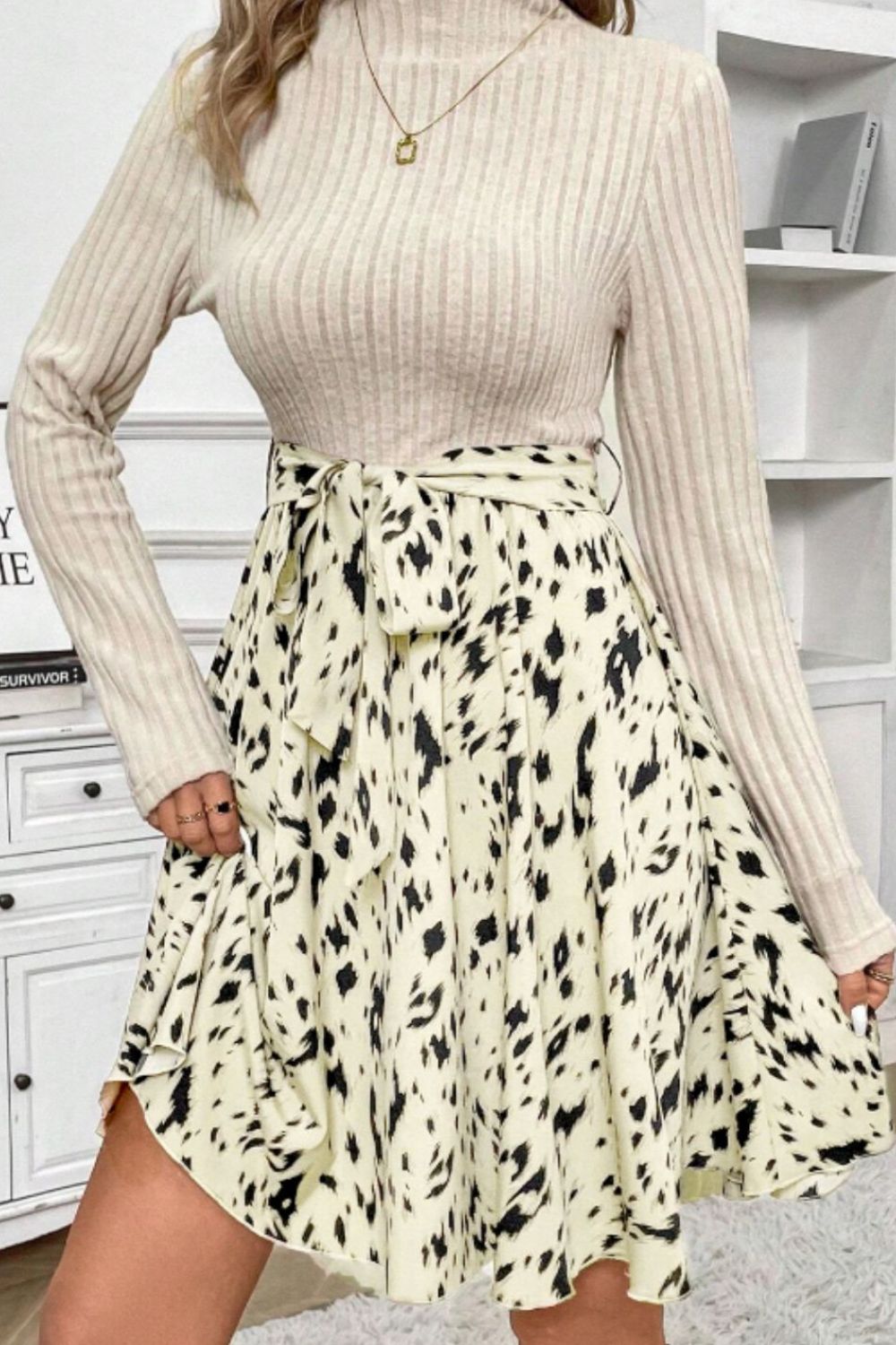 Printed Tie Waist Mock Neck Long Sleeve Dress - Charming Charlie