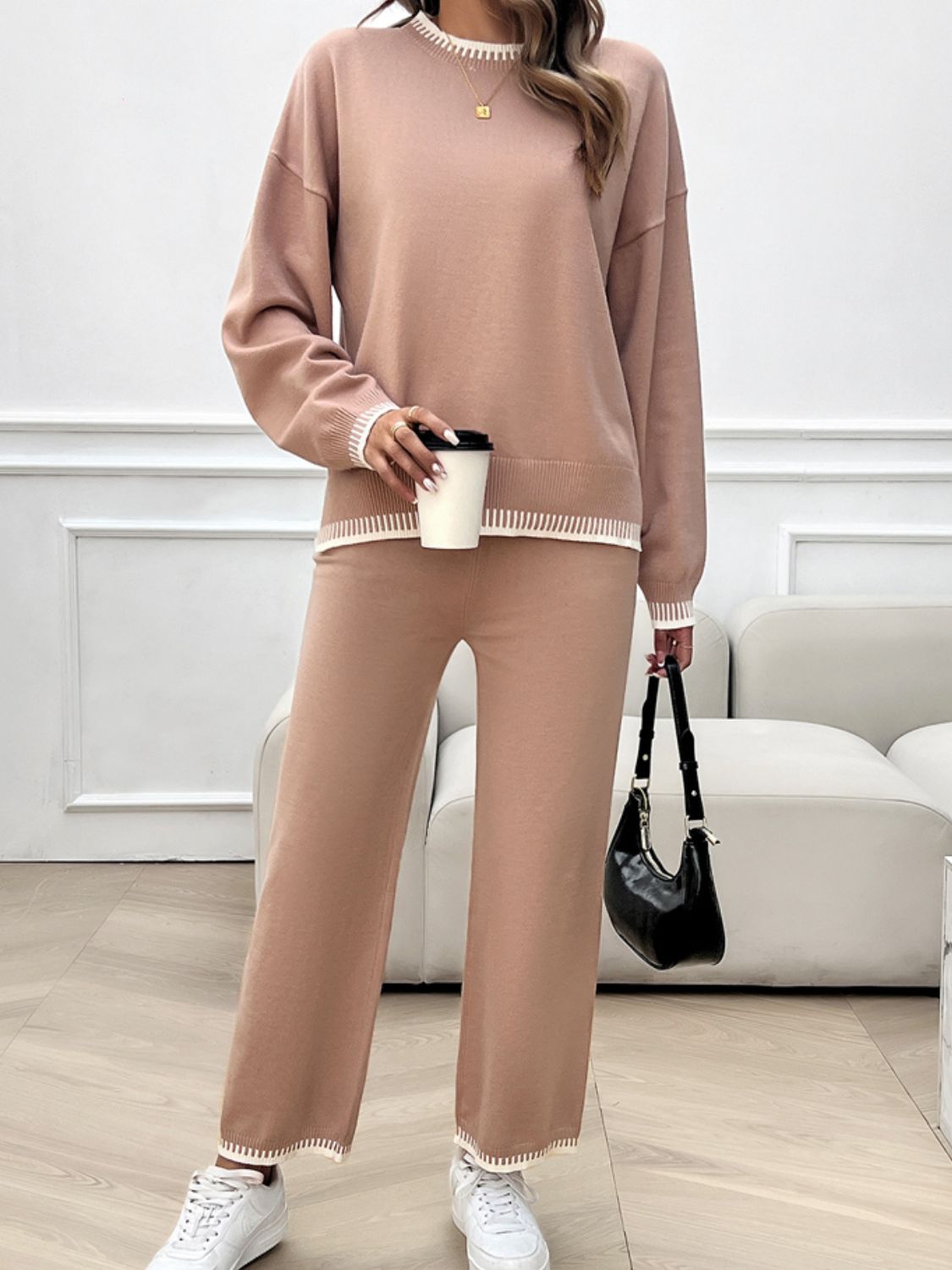 Round Neck Dropped Shoulder Top and Pants Sweater Set - Charming Charlie