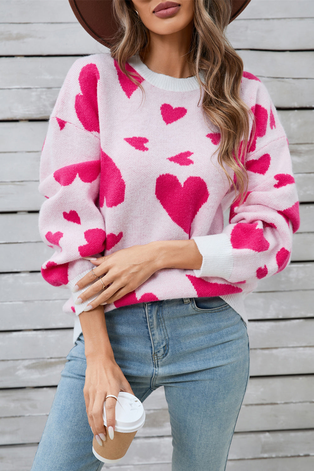 Angel Wings Heart Contrast Round Neck Long Sleeve Sweater - Charming Charlie