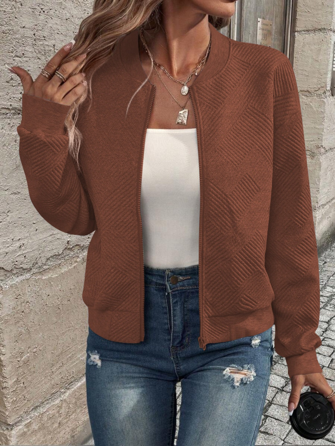 Textured Zip Up Long Sleeve Jacket - Charming Charlie