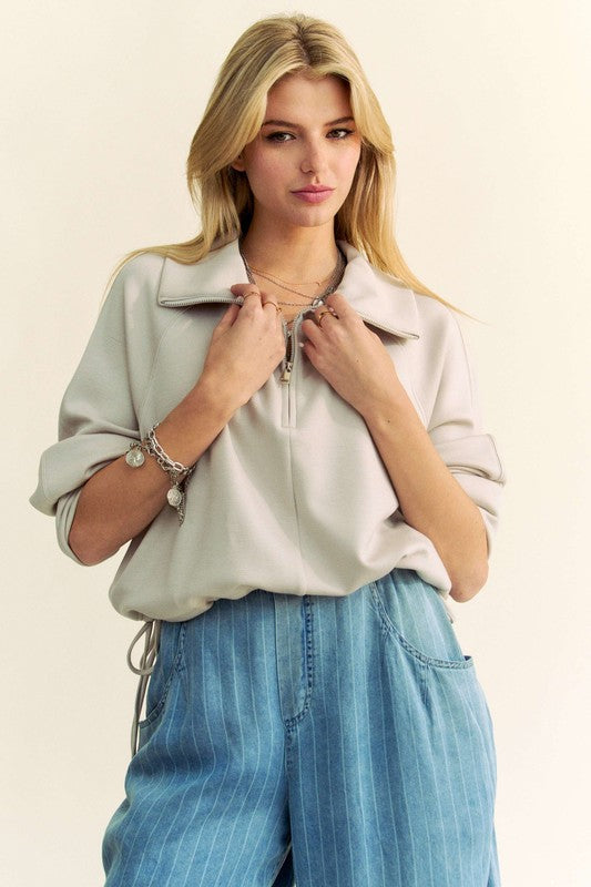 Davi & Dani Drawstring Hem Half Zip Raglan Sleeve Sweatshirt - Charming Charlie