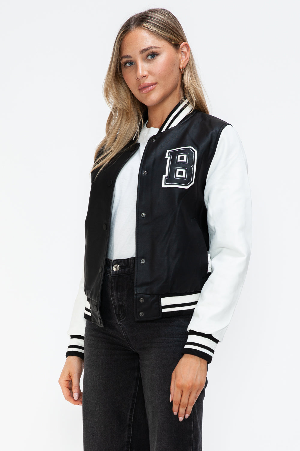 Love Me Now PU Leather Contrast Snap Down Bomber Jacket - Charming Charlie
