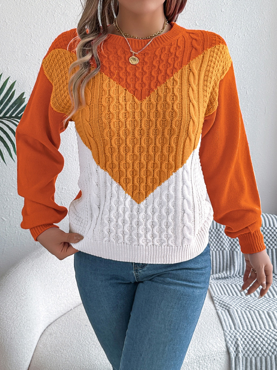 Contrast Round Neck Long Sleeve Sweater - Charming Charlie