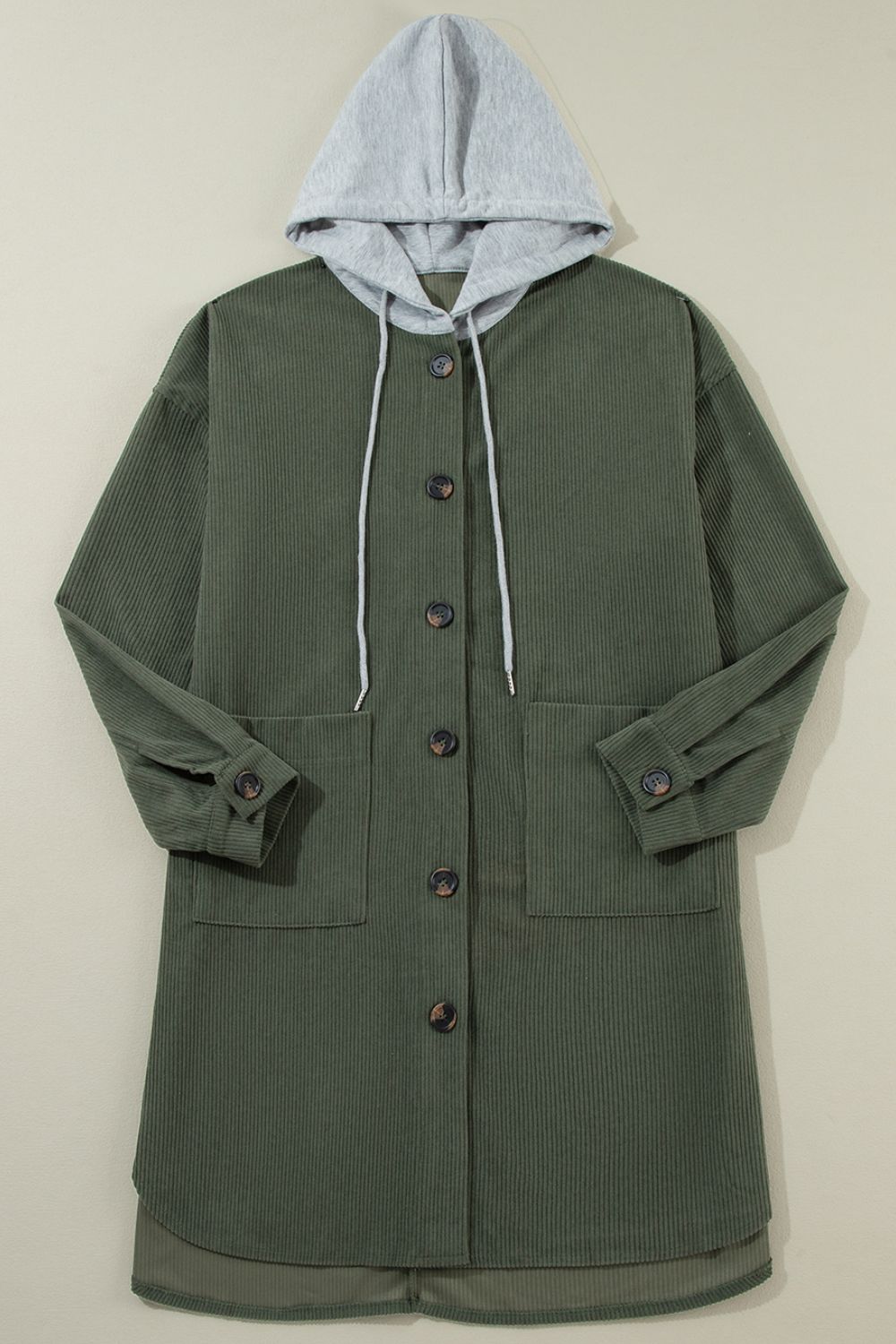 Drawstring Button Up Long Sleeve Hooded Jacket - Charming Charlie