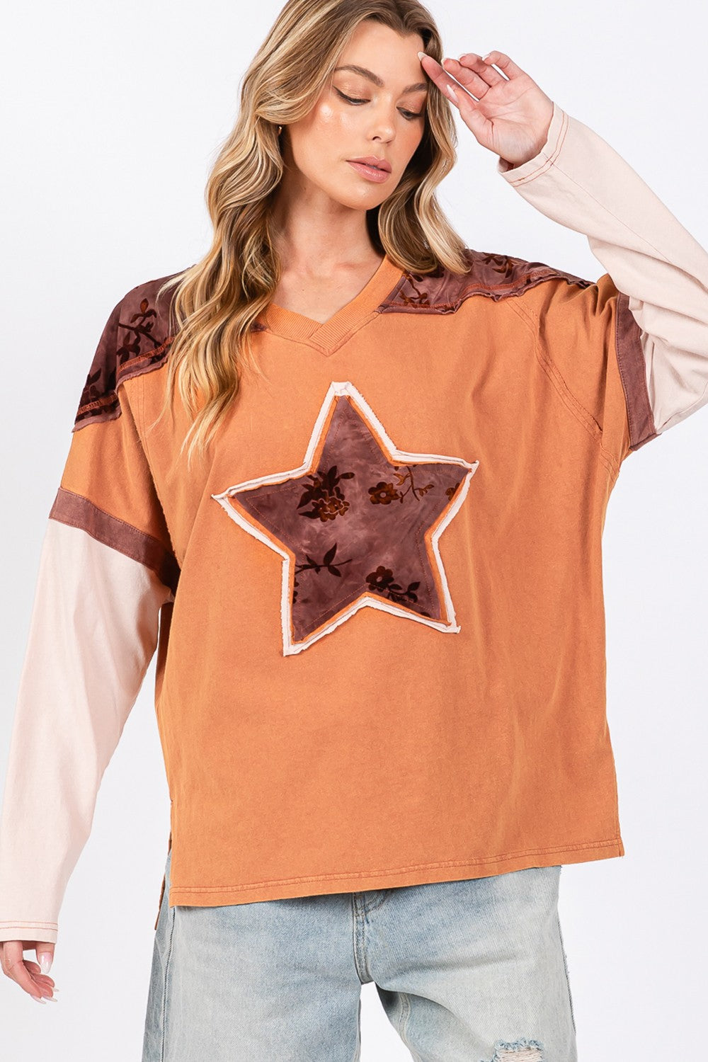 SAGE + FIG Star Patch Long Sleeve Color Block T-Shirt - Charming Charlie