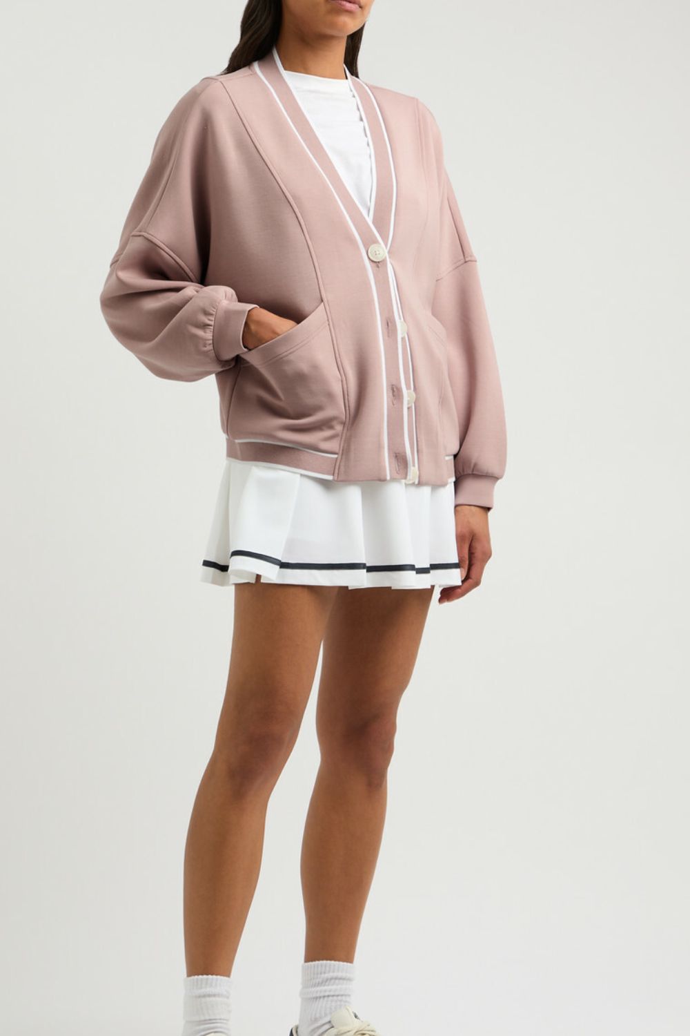 Contrast Trim V Neck Button Up Cardigan - Charming Charlie