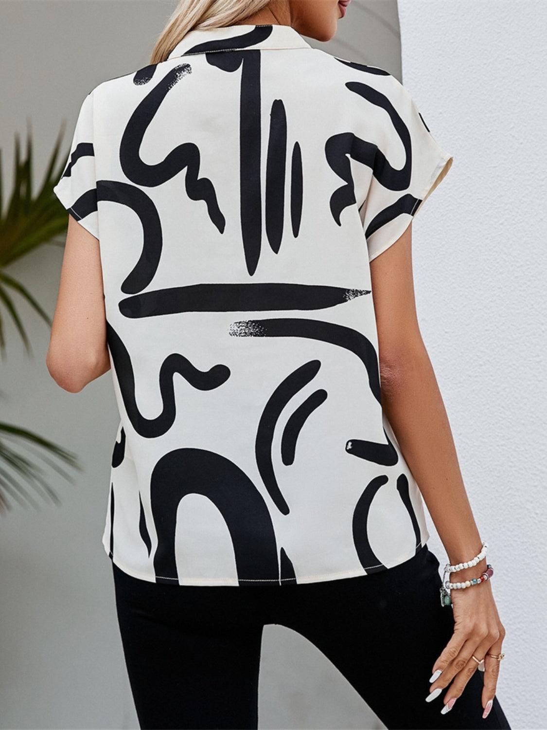 Printed Notched Short Sleeve Blouse - Charming Charlie