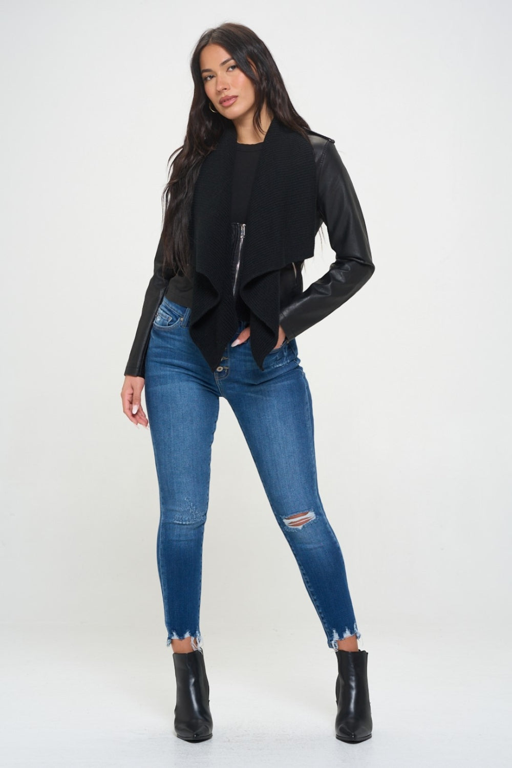 Coalition LA Knit Collared Faux Leather Crop Jacket - Charming Charlie