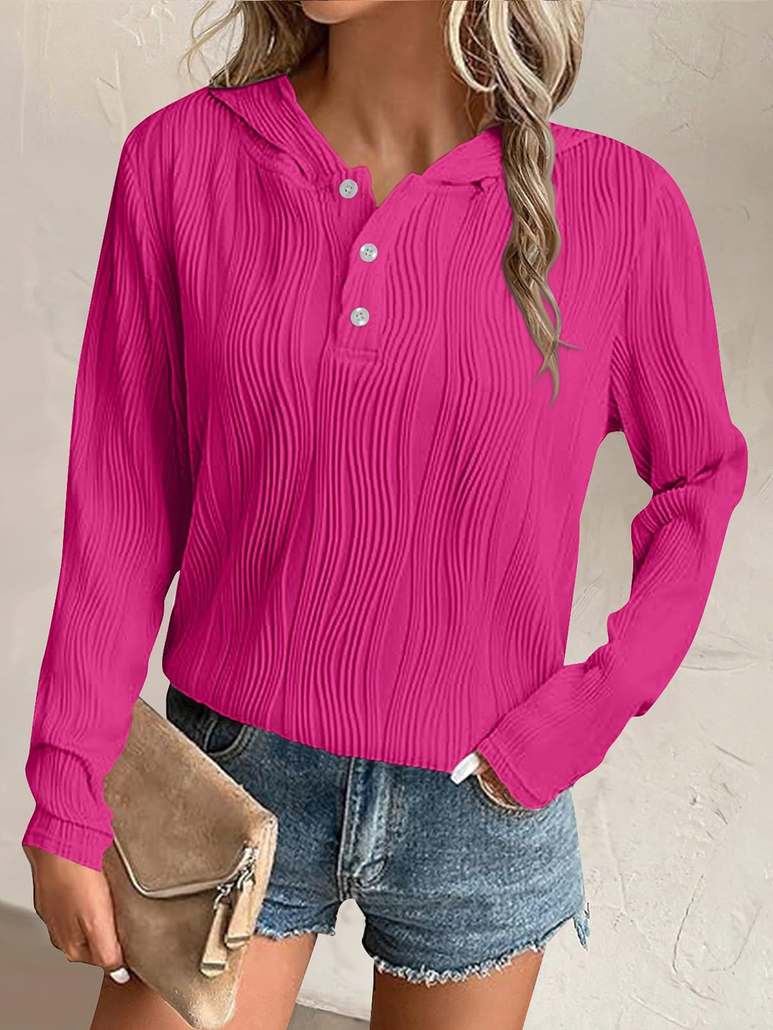 Textured Long Sleeve Hoodie - Charming Charlie