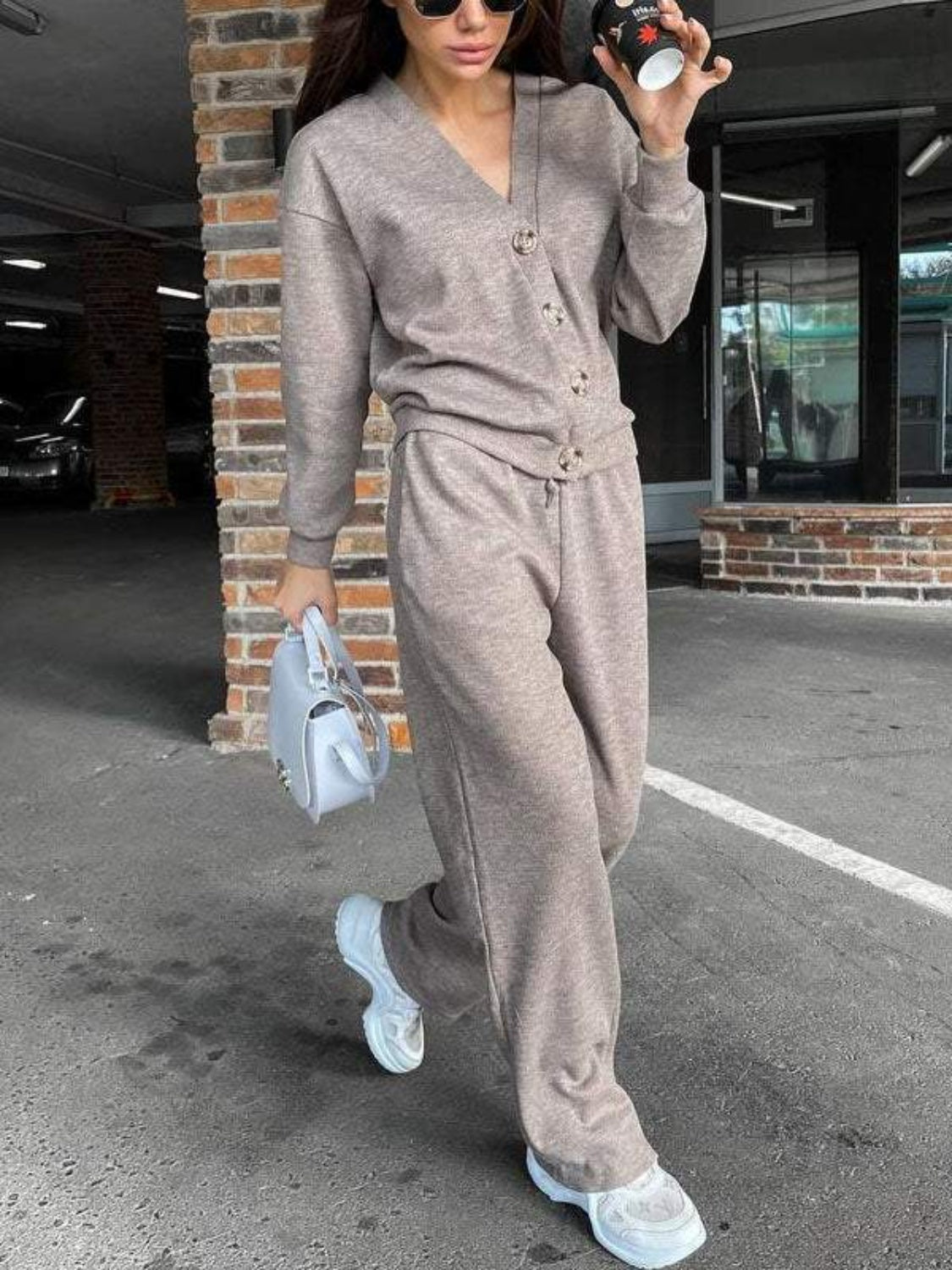 Full Size Button Up Long Sleeve Top and Pants Set - Charming Charlie