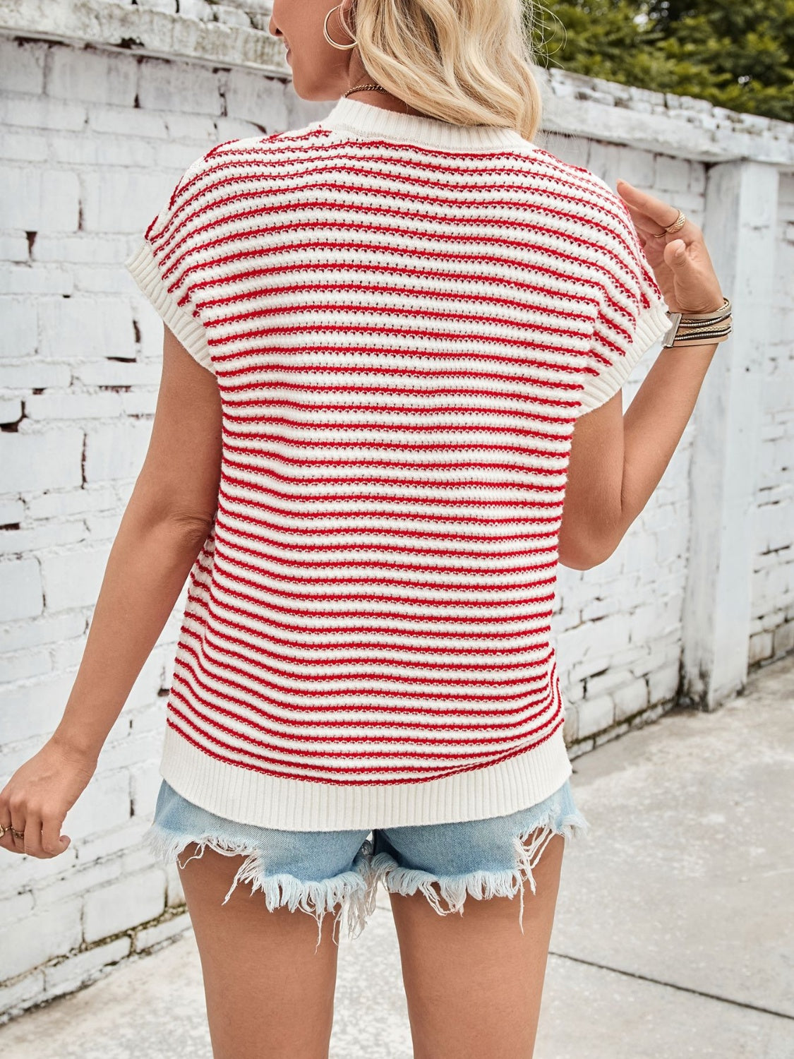 Lovelet Striped Round Neck Cap Sleeve Sweater - Charming Charlie