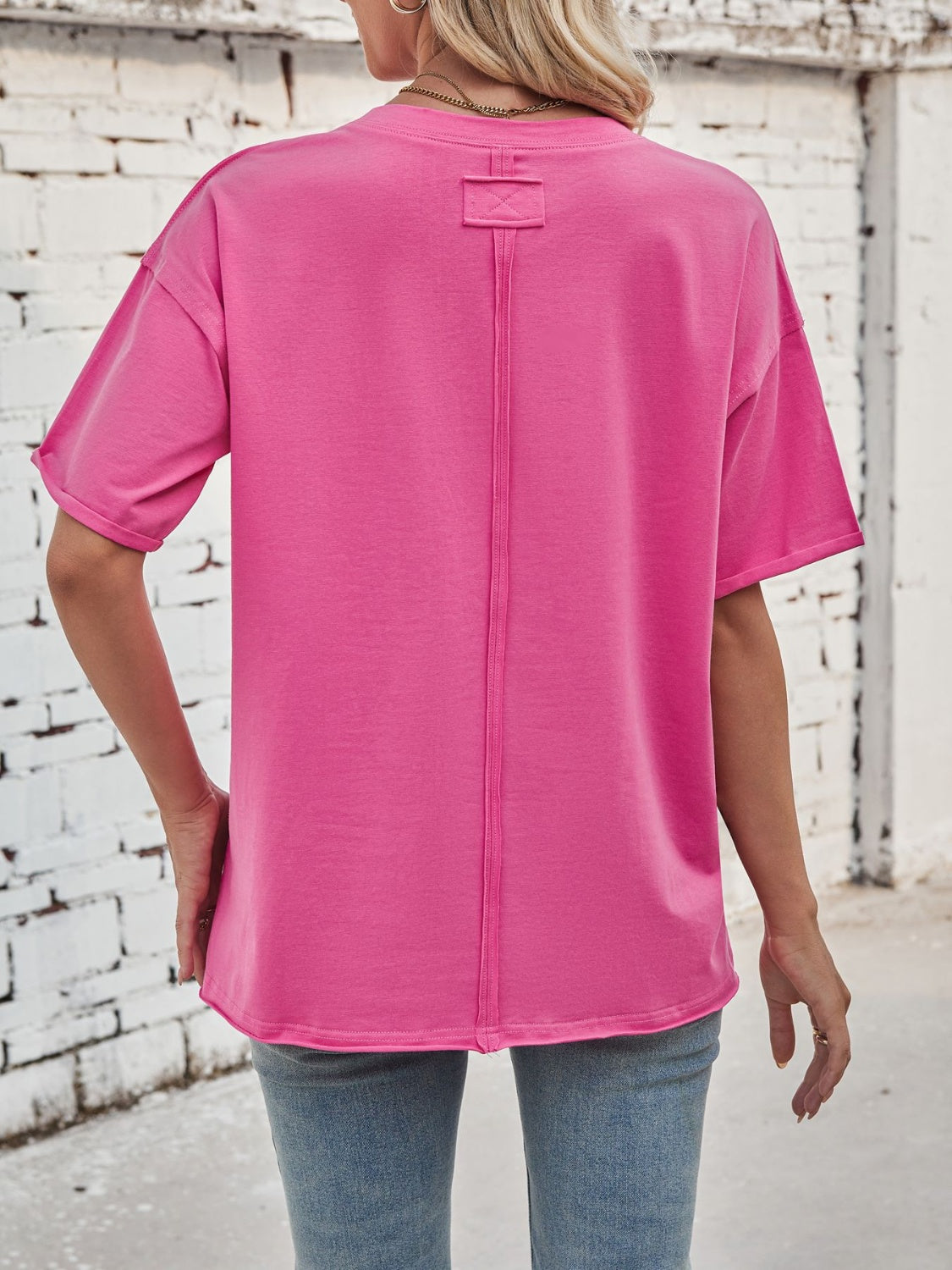 Lovelet Exposed Seam Round Neck Half Sleeve T-Shirt - Charming Charlie