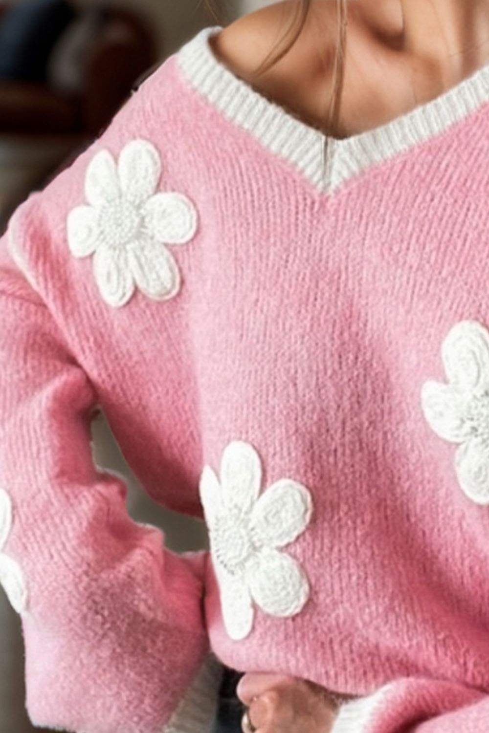 Flower V-Neck Dropped Shoulder Sweater - Charming Charlie