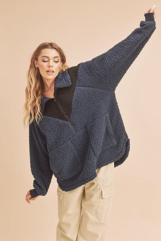 Aemi+Co Two Tone Half Zip Fleece Sweatshirt - Charming Charlie