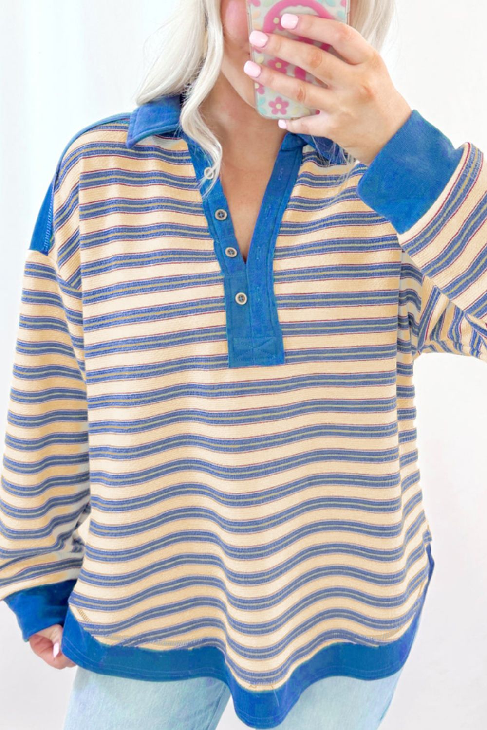 Striped Johnny Collar Long Sleeve Sweatshirt - Charming Charlie