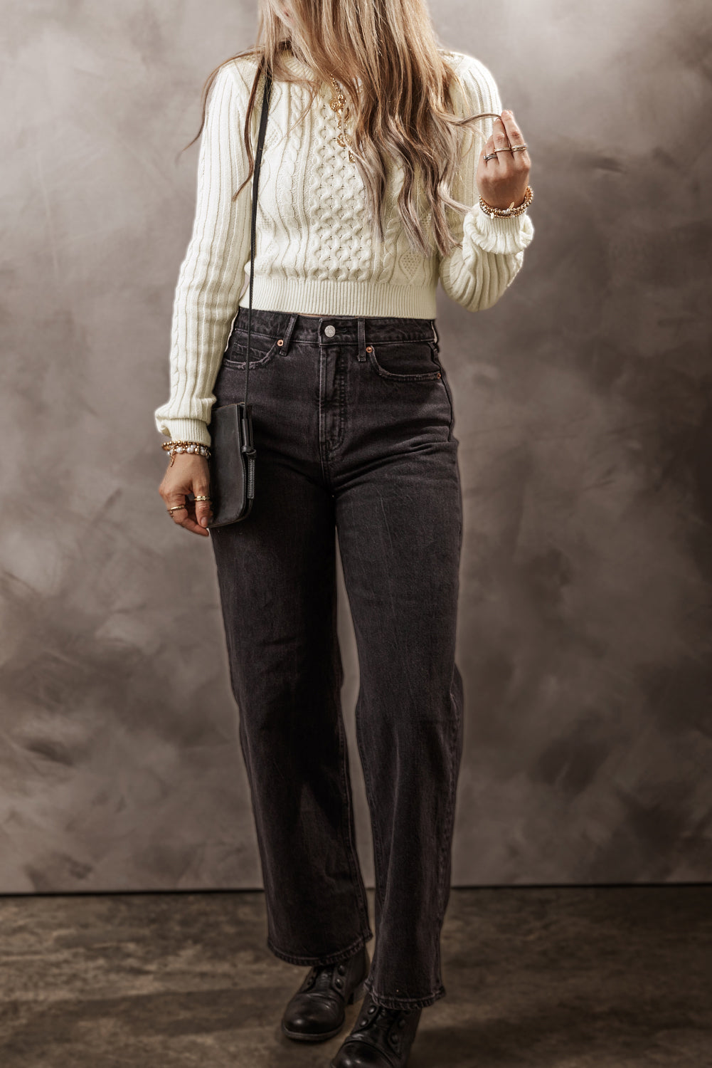 Cable-Knit Round Neck Long Sleeve Sweater - Charming Charlie