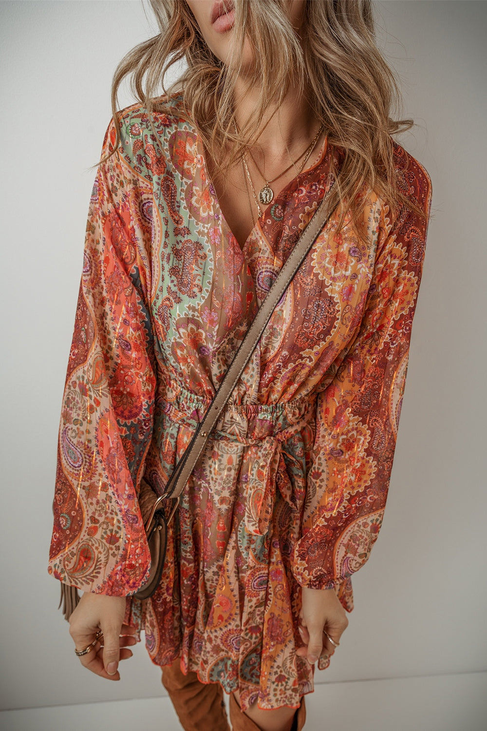 Tied Printed Balloon Sleeve Mini Dress - Charming Charlie