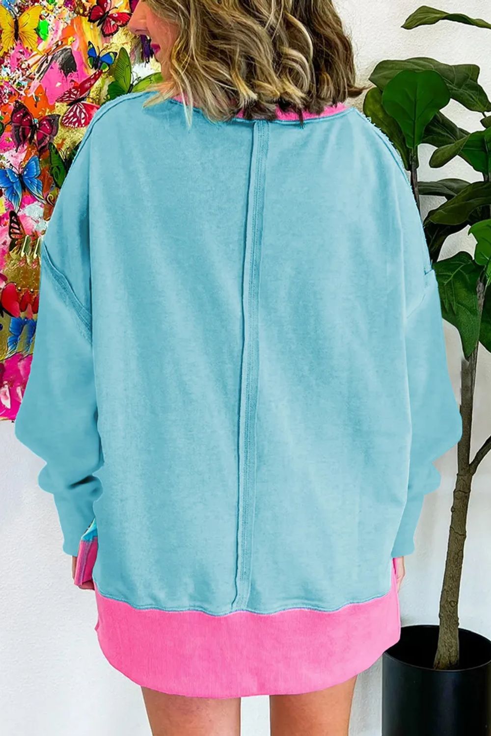 Contrast Round Neck Dropped Shoulder Long Sleeve Sweatshirt - Charming Charlie