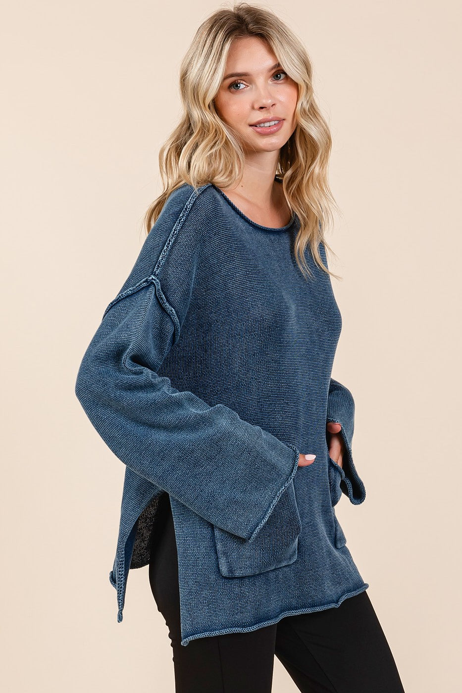 Mittoshop Mineral Wash Patch Pocket Cut Edge Sweater - Charming Charlie